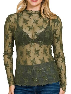 Blue Velvet | Olive Green Sheer Lace Top
